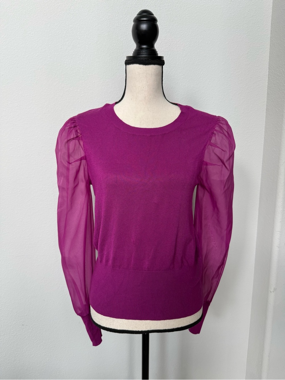 Marled Magenta Sheer Puff-Sleeve Crewneck Sweater